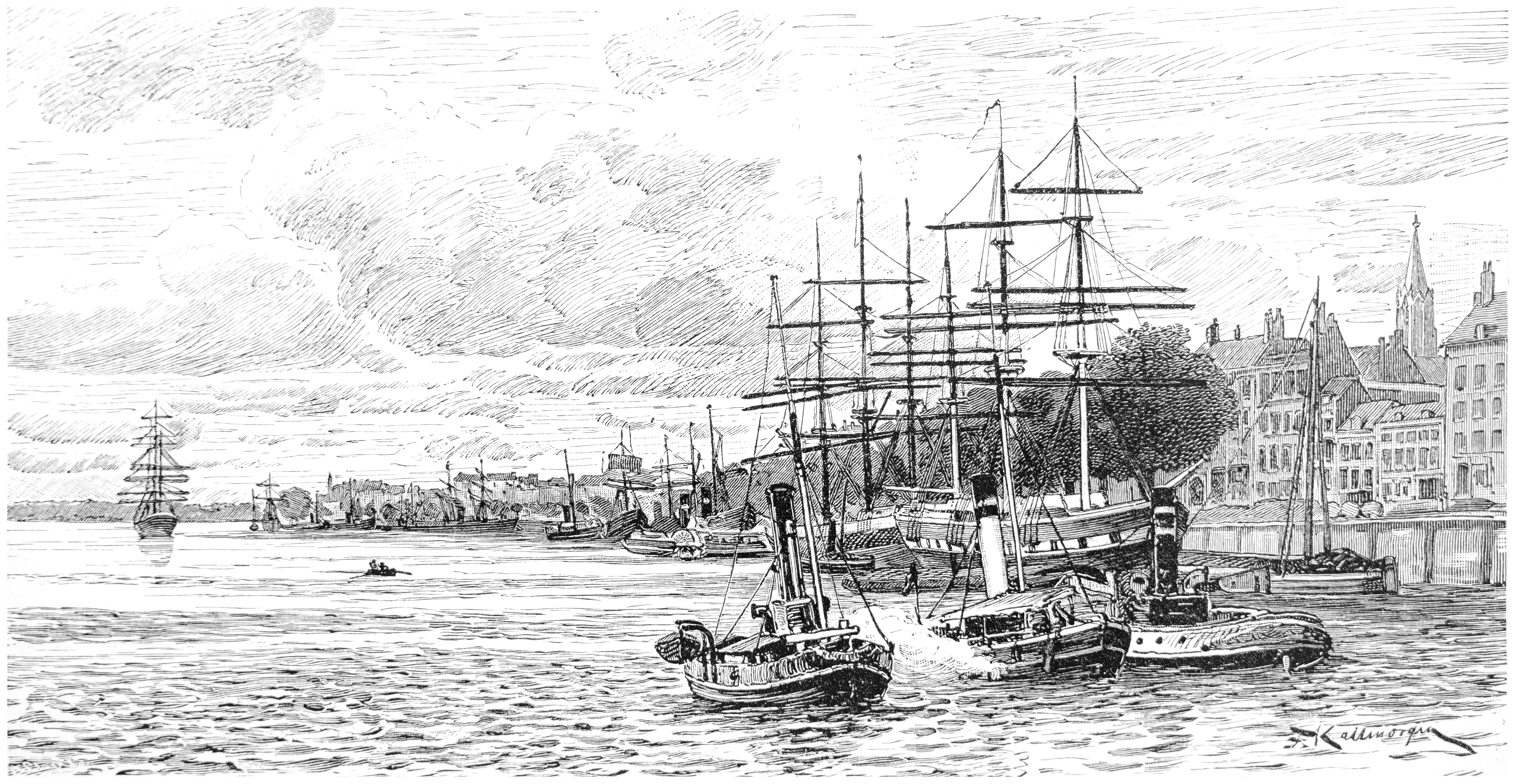 A harbor with sailing ships and steamboats in the 19th century. Illustration, 1880.